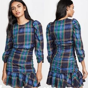 Tanya Taylor Dress Raven Mini Navy Blue Tartan Plaid Ruched Puff Drop Waist 12